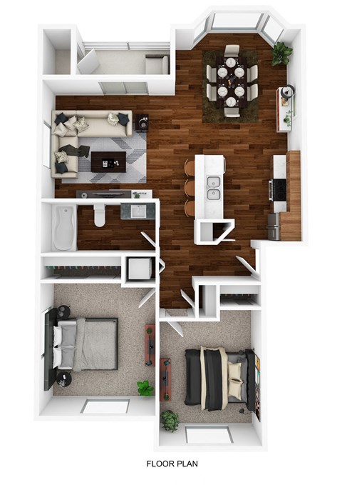 Floor plan for 2 beds, 1 bath, 995 sqft